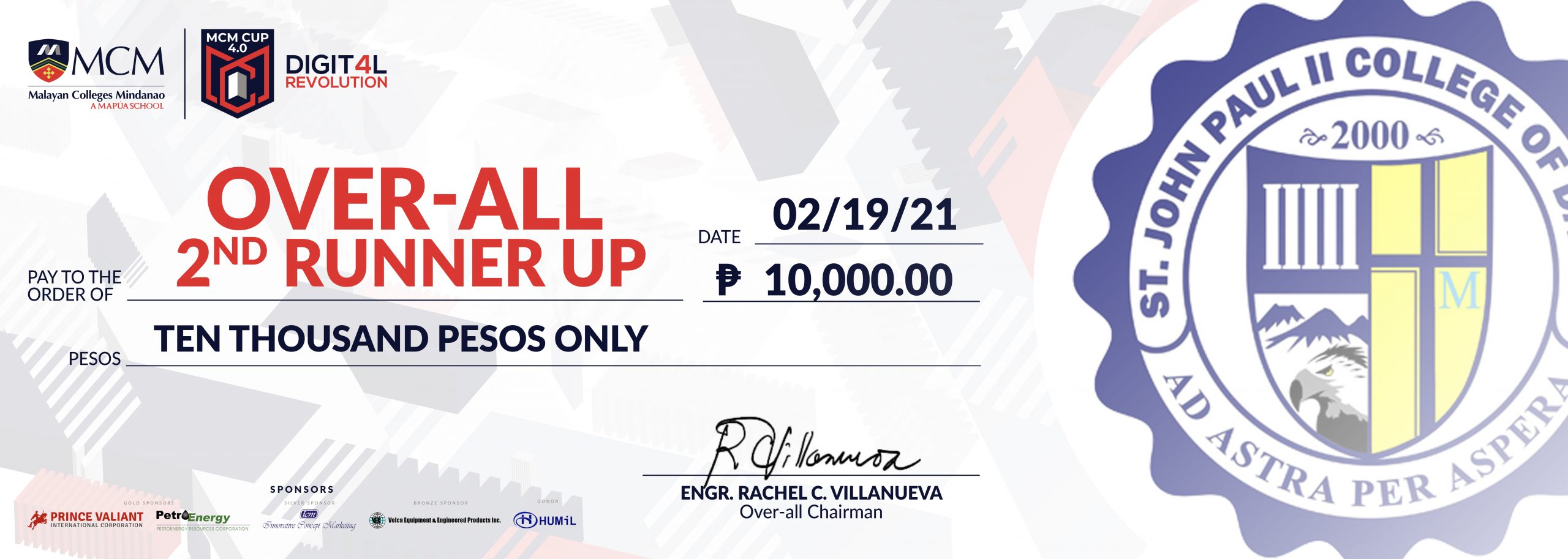 2nd runner up-CHAMPION-MCM-CUP-CHEQUE