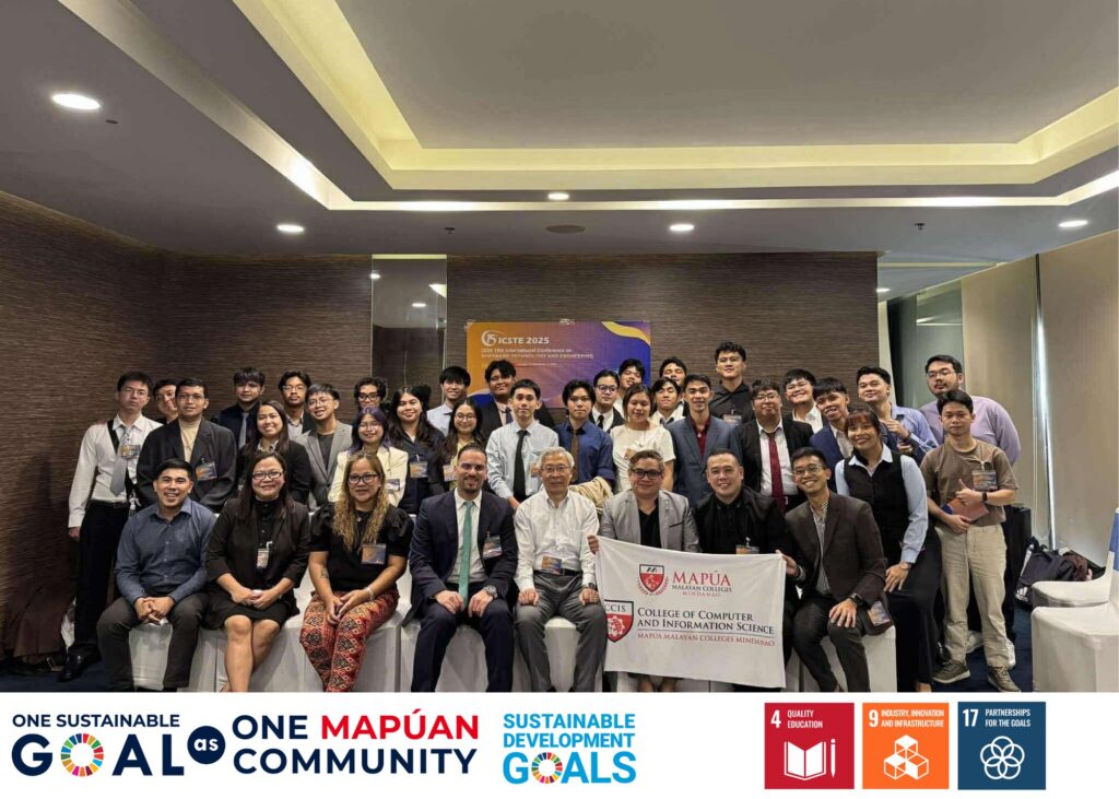 Group photo of Mapua MCM CCIS faculty and student representatives with ICSTE keynote speakers Prof. Shaoying Liu (East China Normal University, China) and Prof. Mohammed Akour (Al-Yamamah University, Saudi Arabia).