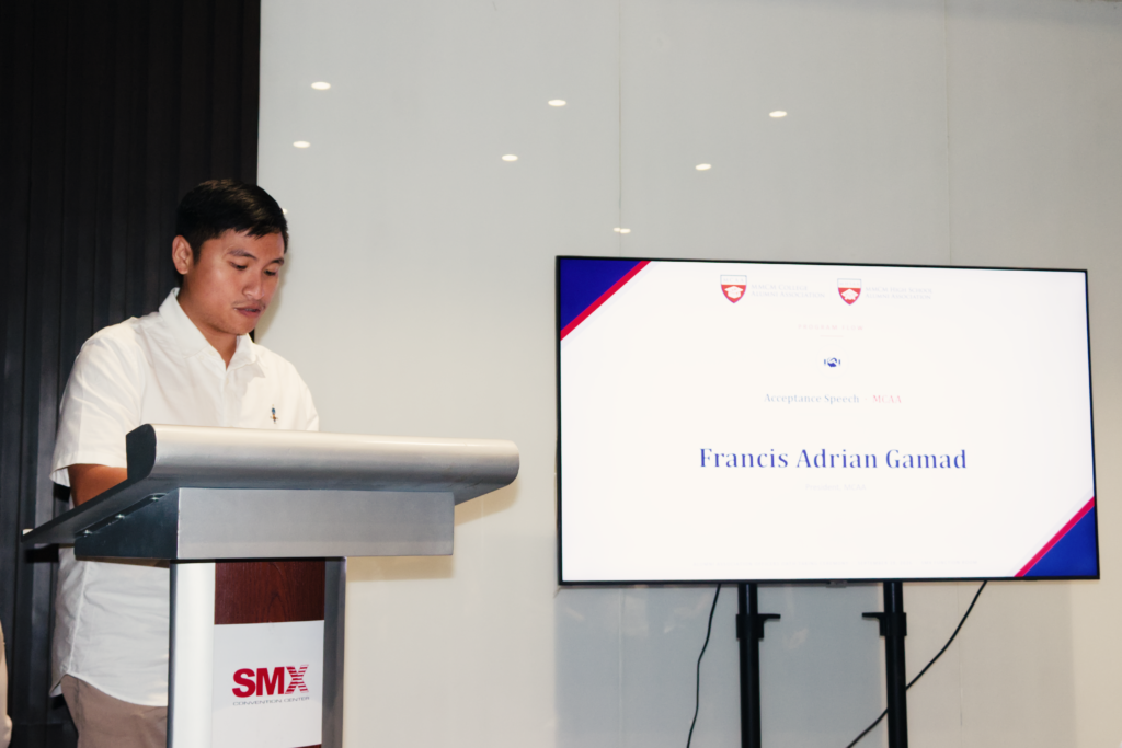 Engr Francis adrian gamad delivers his acceptance message calling on fellow alumni to stay connected give back and turn their shared experiences into meaningful service