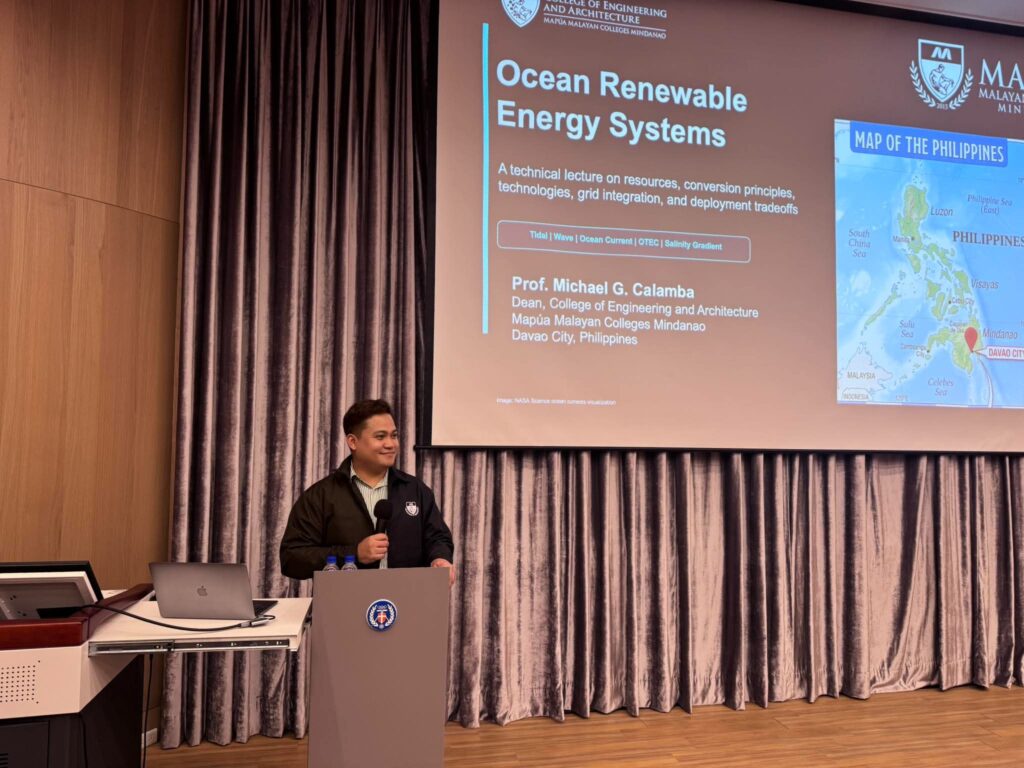 Dean michael g Calamba dean of the college of engineering and architecture delivers his lecture titled ocean renewable energy systems during the cycu international project design summer camp 2026