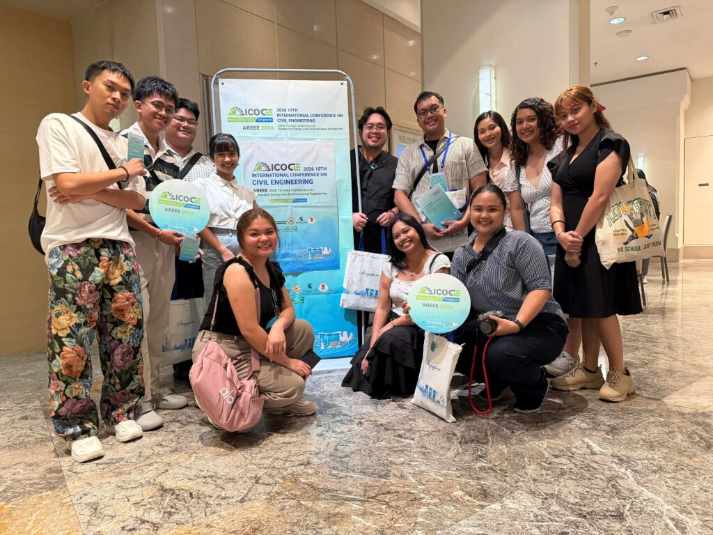From left to right: Christian Kent Gerona, Jojit Millanes John Michael Kho, Alexandra Malcampo (instructor), Raphaella Angela Raga, Martinee Llemit (instructor), Jon Alessandra Yamas, Prinz Socriele Arce (instructor), Josah Marie Pesaña (instructor), Krystyna Marie Franada, Syd Clarrese Galiza, and Mary Christine Perono in the 11th International Conference on Civil Engineering.